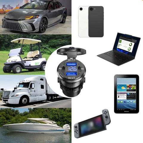 Dual PD USB C And Quick Charge 3.0 Car Charger Socket, aluminum alloy, mounted in vehicles, displays voltage readout.