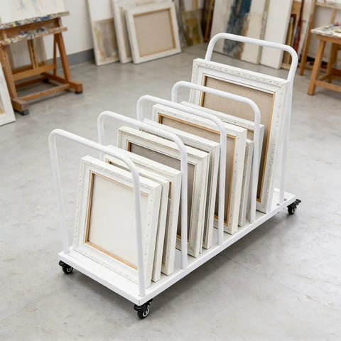 Heavy Duty Metal Carton Cart Stand With Swivel Wheels And Grip Handle Smooth Rolling White Steel Cardboard Box Holder For Warehouse holding canvas frames
