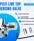 Front view: AMI BPV31 piercing valve for 1/4,5/16,3/8 in fridge tubing; silver valve, two ferrules, hex key