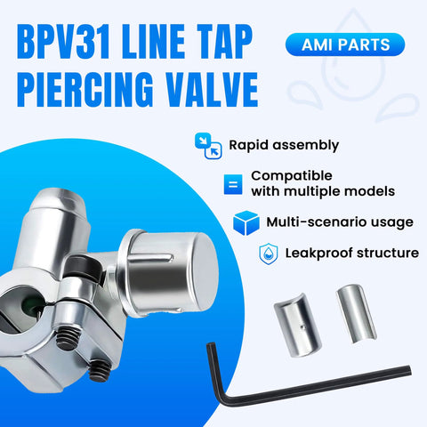 Front view: AMI BPV31 piercing valve for 1/4,5/16,3/8 in fridge tubing; silver valve, two ferrules, hex key