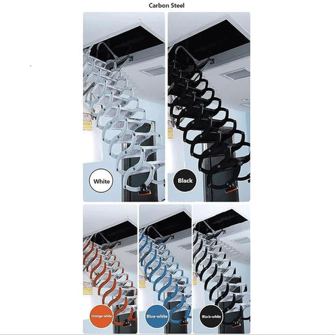 Motorized Pull Down Attic Ladder Folding Retractable Loft Staircase With Heavy Duty Carbon Steel Build showing various color options.