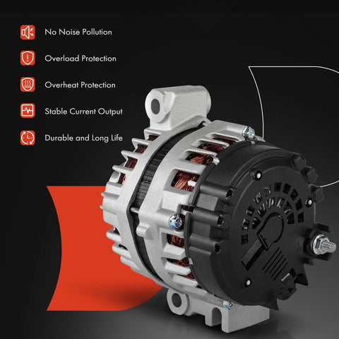 Alternator Drop In Replacement For Chevy Colorado 2017-2022 3.6L V6 And GMC Canyon 2017-2022 3.6L RWD 4WD 12V 150A With 5 Groove Decoupler Pulley Clockwise Rotation, detailed view showing components.
