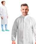 White Disposable Medical Gowns 2X Large Pack Of 10 PPE Isolation Scrub Gowns With Elastic Wrists, Loop Fasteners, Mandarin Collar, 60 GSM Microporous Material For Clinic, Hospital, Or Home Care shown on male and female models