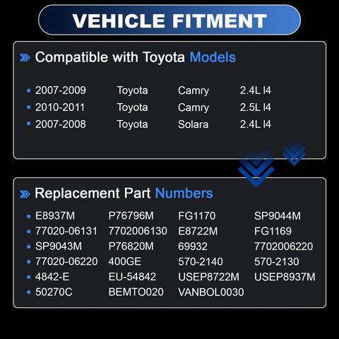 Chart showing Toyota model compatibility and replacement part numbers for the Toyota Camry Solara Fuel Pump Assembly Electric 2008-2011.