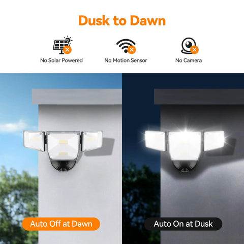 85W LED Flood Lamp Sheds 10000 Lumens Of Real Juice With Four Pivot Heads And Dusk To Dawn Switch illuminating a wall at night.