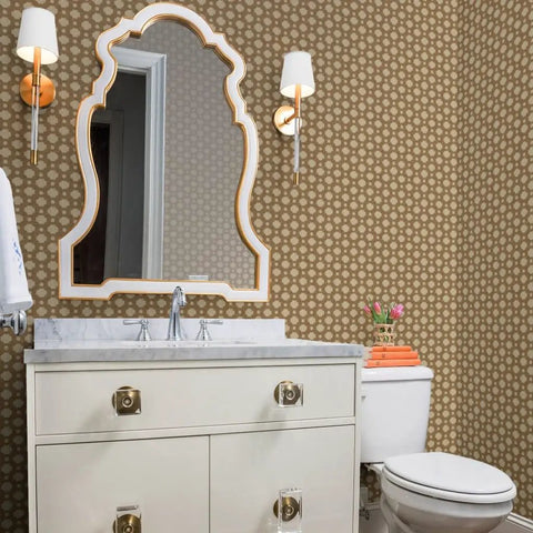 Premium Heavy Duty Neutral Moroccan Vinyl Wallpaper With Authentic Leather Texture Built Tough For Commercial Settings And Dead Easy To Hang Anywhere in a stylish bathroom.