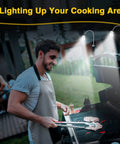 Man grilling at night using Barbecue Grill Light With Magnetic Base 360 Degree Gooseneck LED Outdoor Lighting For Grilling Water Resistant