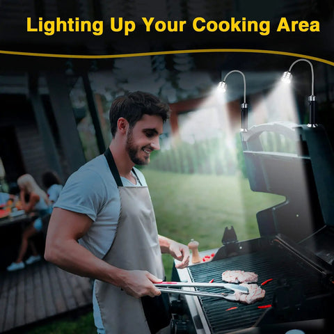 Man grilling at night using Barbecue Grill Light With Magnetic Base 360 Degree Gooseneck LED Outdoor Lighting For Grilling Water Resistant