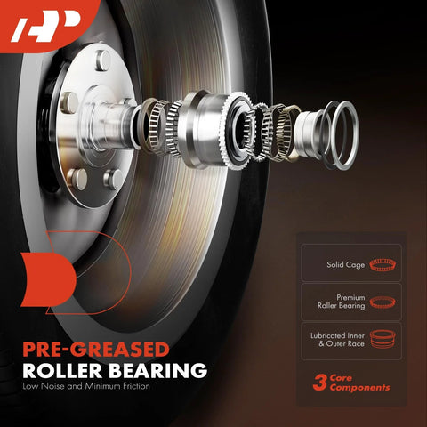 Exploded view of pre-greased roller bearing components for Front Wheel Bearing And Hub Assembly 6 Lug Fit Ford Transit 250 2015 350 2015-2017 And 350 HD 2015-2018