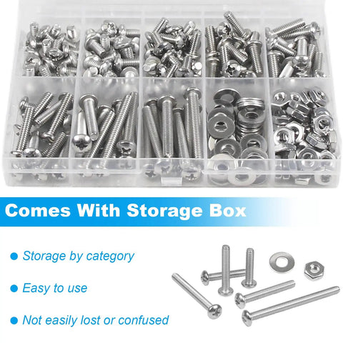 8-32 Phillips Pan Head Machine Screws Nuts Washers Set In 304 Stainless Steel Coarse Full Thread 200-Piece Assortment From 1/4 To 1-1/4 Inch