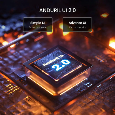 Anduril UI 2.0 interface for Beast Mode Bright 16000 Lumen Rechargeable Flashlight with 6 LED Power, showing Simple and Advance UI options.