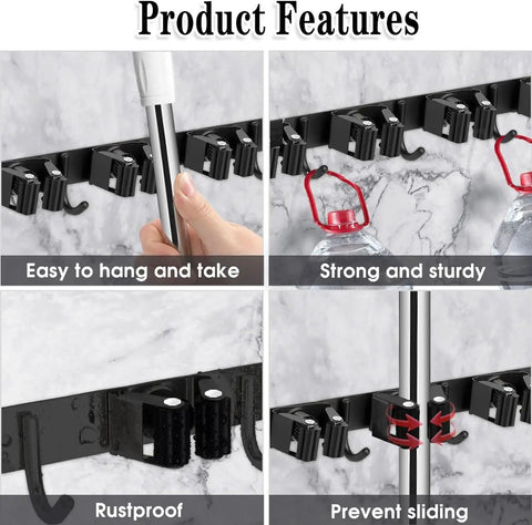 Product features of Heavy Duty Wall Mount Mop And Broom Holder Built Tough With 5 Racks And 4 Hooks Stainless Steel Tool Organizer