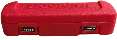Red case for Pro Grade Quarter Inch Drive Torque Screwdriver Certified For Ten To Fifty Inch Pound Range, with model numbers visible.
