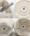 Six white buffing wheels for drill with metal shanks; fabric-wrapped polishing pads, shown from front and close-up views.
