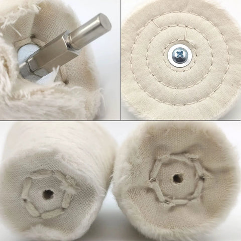 Six white buffing wheels for drill with metal shanks; fabric-wrapped polishing pads, shown from front and close-up views.