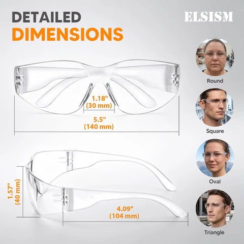 24 Pack Safety Glasses Bulk Haul Featuring Clear Polycarbonate Lenses And Rugged Wraparound Impact Shield detailed dimensions with measurements.