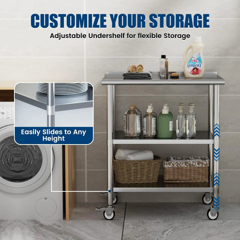 Stainless Steel Prep Table On Wheels 36x24 Inch NSF Food Prep Station With Backsplash And 2 Adjustable Undershelves in laundry room.