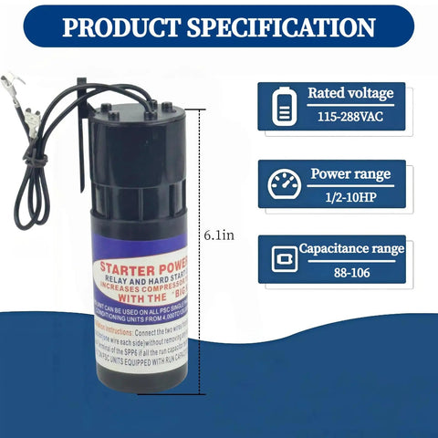 Hard Start Kit For Air Conditioners 3 Pack, Universal 115V-288VAC Replacement, image showing product specifications.