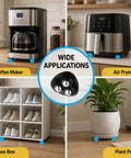 8 Pack Low Profile Adhesive Casters Delivers Smooth Cruising Action For Kitchen Heavyweights Like Blenders And Air Fryers With No Sweat Rolling Setup And Straight Up Dependable Grip In Matte Black applied under coffee maker and air fryer.
