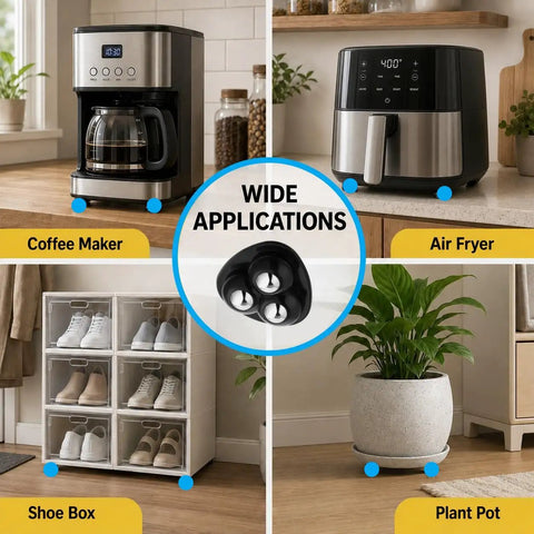 8 Pack Low Profile Adhesive Casters Delivers Smooth Cruising Action For Kitchen Heavyweights Like Blenders And Air Fryers With No Sweat Rolling Setup And Straight Up Dependable Grip In Matte Black applied under coffee maker and air fryer.