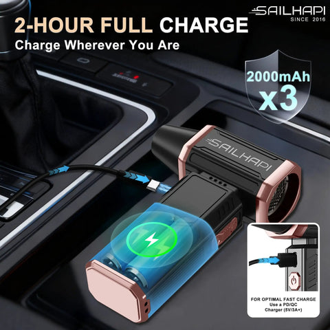 High Speed Cordless Air Duster 300000 RPM Turbo Blower With Variable Speed for barbers, charging in car with cable attached