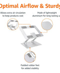 Sturdy Portable Ergonomic Laptop Stand For Desk With Height Adjustable Riser And Ventilated Cooling Foldable Frame Fits Most Laptops Up To 15 Inches Silver showing airflow and stability features.