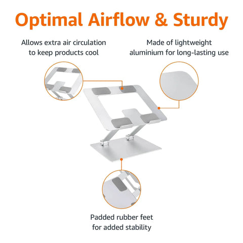 Sturdy Portable Ergonomic Laptop Stand For Desk With Height Adjustable Riser And Ventilated Cooling Foldable Frame Fits Most Laptops Up To 15 Inches Silver showing airflow and stability features.