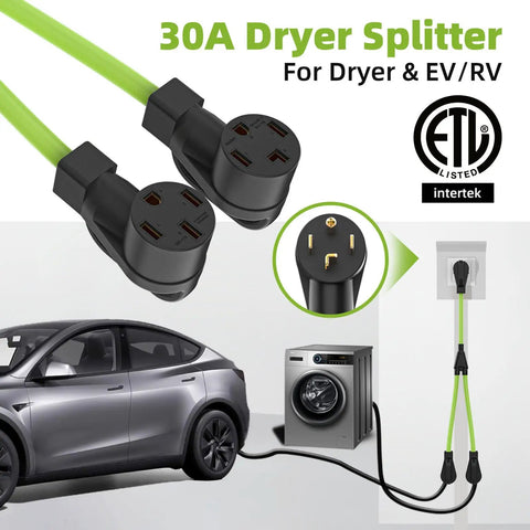 Heavy Duty 30 Amp Nema Y Splitter Adapter With Three Foot Cable gives you dual charging for EV and RV, ideal for home use.