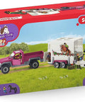 38 Piece Trailer And Truck Transporter Playset With Realistic Horse And Rider Figures Saddle Bridle Hay Bales And Accessories For Kids 5 And Up Kid Friendly Ready For Everyday Equestrian Adventures And Imaginative Fun, pink pickup and horse trailer set