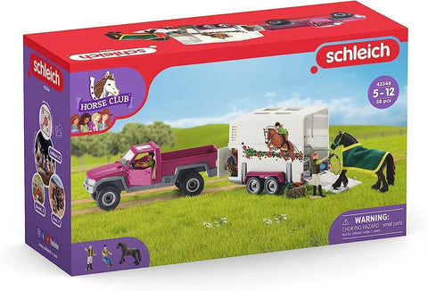 38 Piece Trailer And Truck Transporter Playset With Realistic Horse And Rider Figures Saddle Bridle Hay Bales And Accessories For Kids 5 And Up Kid Friendly Ready For Everyday Equestrian Adventures And Imaginative Fun, pink pickup and horse trailer set