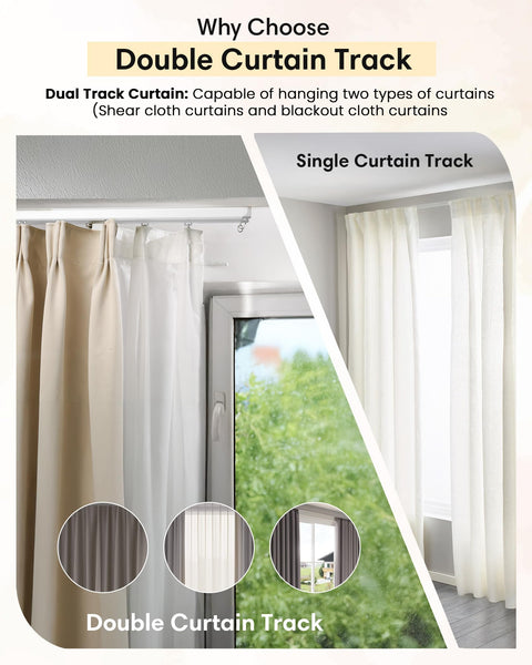 Dual Track Ceiling And Wall Curtain System, Heavy Duty Double Rails With Silent Slides For Room Dividers, 8ft To 10ft Length, Includes Hooks Clips Brackets, White showing double curtain track with sheer and blackout curtains