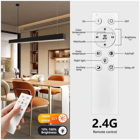 Top Shelf 4 Ft Linear Led Pendant Light With Smooth Remote Control Adjustable 3000K To 6000K Color Temperature Killer Glow For Offices Shops And Home Modern Black Housing in a modern kitchen.