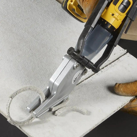 Turbo Shear Fiber Cement Siding Cutter Drill Attachment cutting fiber cement with 360 degree rotating head in operation