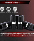 Beefed-Up Six-Piece One Half Inch Drive Crank Bolt Socket Set with 17mm, 19mm, 21mm, 24mm sockets on display.