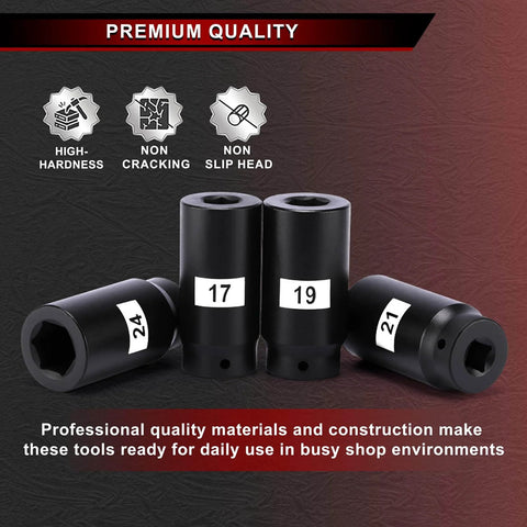 Beefed-Up Six-Piece One Half Inch Drive Crank Bolt Socket Set with 17mm, 19mm, 21mm, 24mm sockets on display.