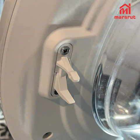 Close-up of the Premium Grade 2 Pack Washer Door Strike Kit White Plastic Replacement for Front Load Machines installed.