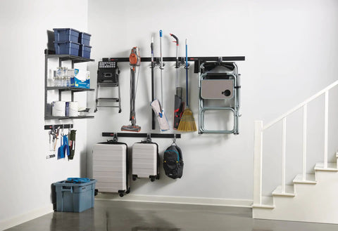 Hella Sturdy Garage Wall Storage Rack With Heavy Duty Steel Shelves And Modular Rails For Workshop Home Organization Super Quick Install Totally Game Changing Setup