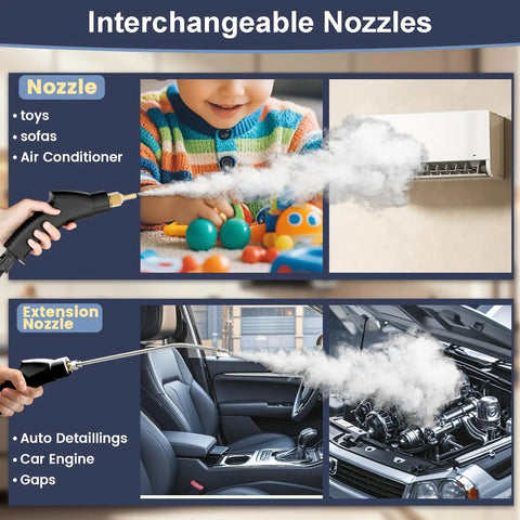 Powerful Portable Handheld Steam Cleaner With Six Adjustable Levels And 15 Second Rapid Heat Up Time to tackle toys, air conditioners, and car detailing.