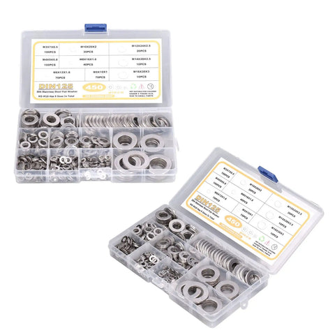 450Pcs Flat Washer Assortment Kit 304 Stainless Steel Washers M3 Through M16 in One Handy Set with organized compartments