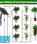 Automatic Drip Irrigation Kit For Pots And Plants With Sun Powered Operation, showing system watering 10 potted plants