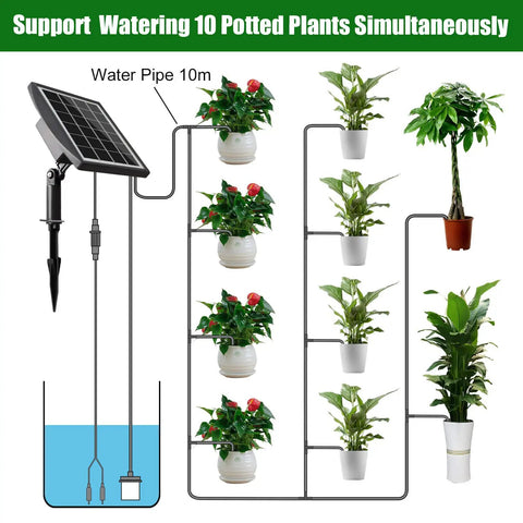 Automatic Drip Irrigation Kit For Pots And Plants With Sun Powered Operation, showing system watering 10 potted plants