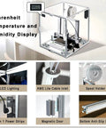 Acrylic Enclosure For 3D Printer With 360 Degree Transparent Cover Built In LED Light Power Strip Thermo Hygrometer Dust And Odor Isolation Noise Reduction And Stable Temperature For ABS PETG ASA PC Prints, featuring temperature and humidity display, LED lighting, and power strips.