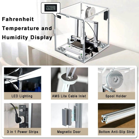 Acrylic Enclosure For 3D Printer With 360 Degree Transparent Cover Built In LED Light Power Strip Thermo Hygrometer Dust And Odor Isolation Noise Reduction And Stable Temperature For ABS PETG ASA PC Prints, featuring temperature and humidity display, LED lighting, and power strips.