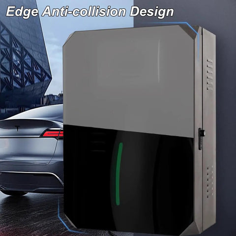 Outdoor EV Charger Rig With Secured Key Lock, floor standing pedestal with edge anti-collision design beside a car.