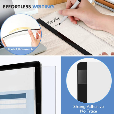 Monitor Memo Boards 2 Pack Transparent Acrylic Side Panels For Computers 11 X 3.1 Inches Multifunction Note Holder and To Do List Organizer showcasing strong adhesion and smooth writing surface.