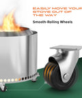 Movable 21 Inch Fire Pit On Wheels Stand with close-up of smooth-rolling caster, rust-proof aluminum and stainless steel, silver color.