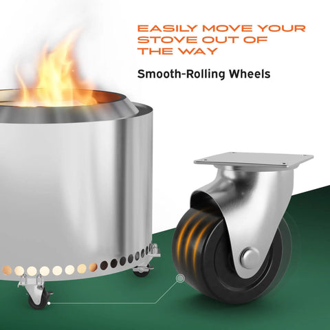 Movable 21 Inch Fire Pit On Wheels Stand with close-up of smooth-rolling caster, rust-proof aluminum and stainless steel, silver color.