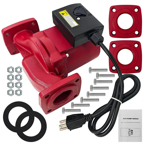 Boss Level 1 2 Hp Circulation Pump Ups26 150Sf With Plug And Play Hookup, red metal body, electrical plug, installation accessories.