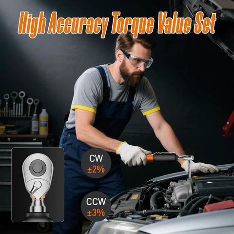 Mechanic using digital torque wrench with LCD display for precision auto repair under hood in garage.