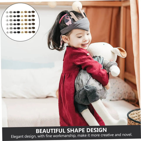 Child wearing red dress hugging doll, inset shows 40 Pieces Miniature Metal Snap Fasteners For Doll Clothes And Craft Projects Decorative Buttons For Sewing And DIY Doll Accessories Safe And Easy Snap Closures.